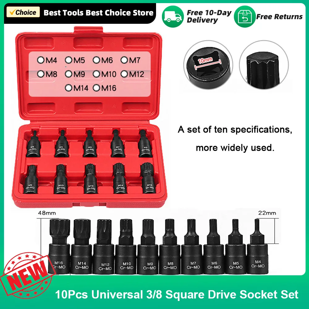 10PCS 12 Point Socket Wrench Set Universal 3/8 Square Drive Socket Set M4-M16 Socket Kit Chromium Molybdenum Steel Socket Tools