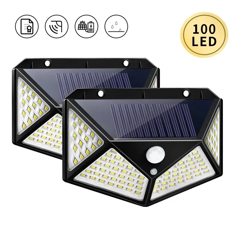 Luces LED de pared para exteriores, luces solares cuádruples con Sensor de cuerpo, iluminación de escalera, valla, garaje, carga Solar, 100led