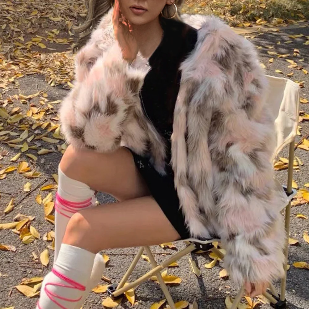 اللون Blcked الشتاء النساء فو الفراء معطف التدرج الجولة الرقبة سيدة قصيرة الفراء سترة رقيق الشعر معطف الفرو الاصطناعي للإناث #1