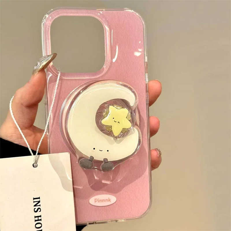 Magnetic pleated pink phone case with rotating star moon magnetic bracket for iPhone 11 12 13 14 15 16 pro max