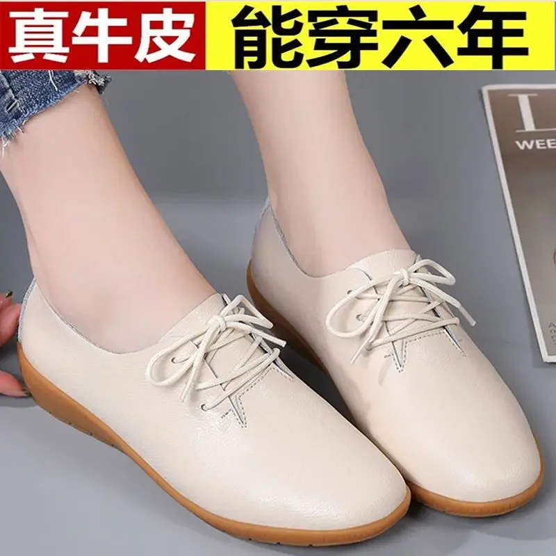 Genuine Leather Cow Tendon Soft Sole Shoes New Lace Up Women's Shoes Versatile Temperament Small White Shoes for Women