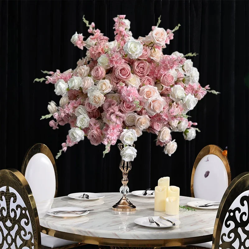 Künstliche rosa Rosen mit grünen Blättern, Deko-Blumenkugeln für Tischdekorationen, Hochzeitstisch-Accessoires, Bühnendekoration, florale Präsentation. – Detail 7