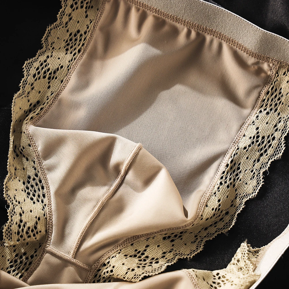 Men Lace Trim Shiny Satin-like Erotic Briefs Low-Waist Hip Wrap High Fork Sexy Underwear Breathable Stretch Panties