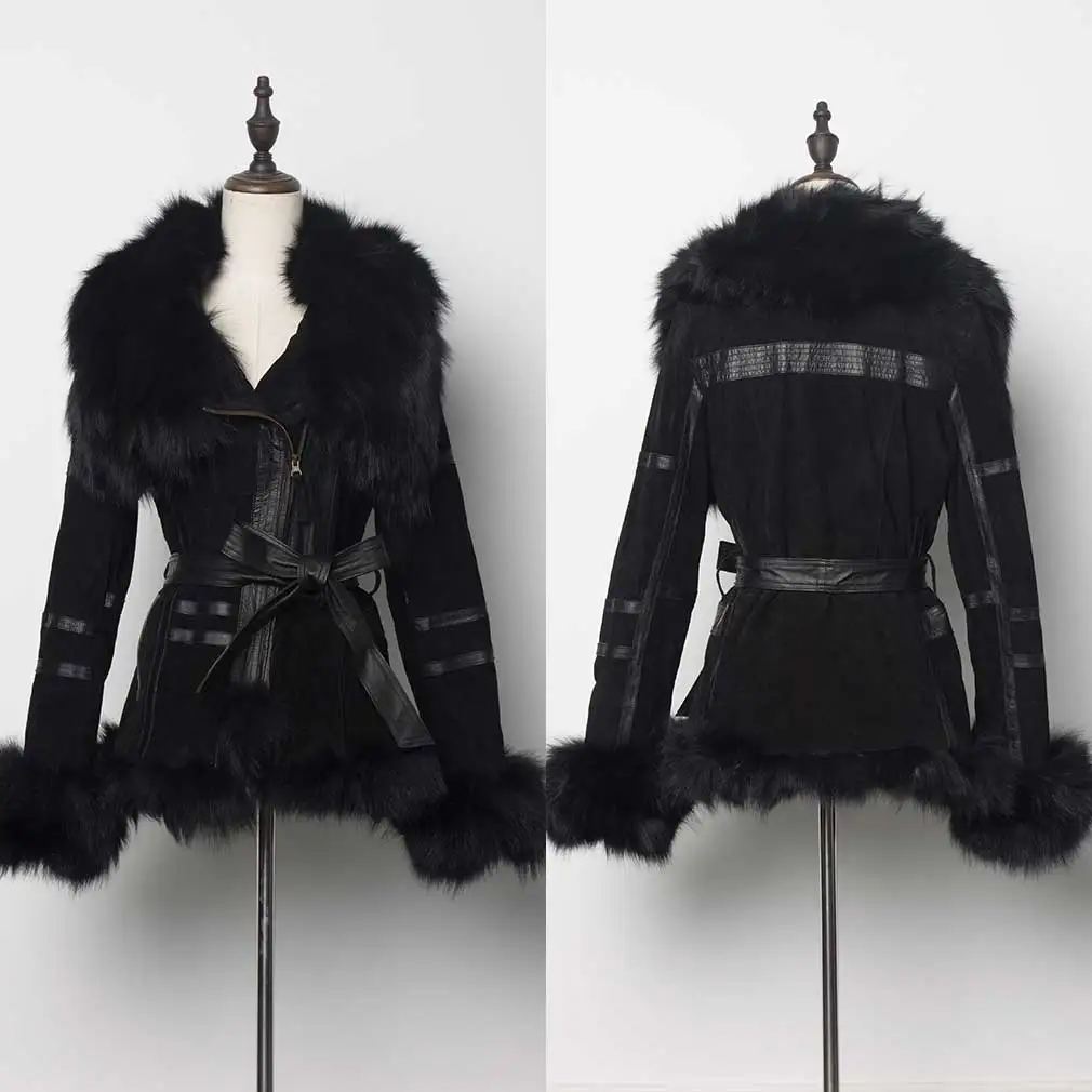 Women Genuine Leather Coat Fox Fur Collar Cuffs and Hem Black Jacket Fur Story FS13055