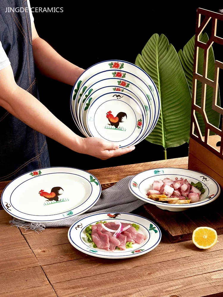 1pc Vintage Cock Pattern Melamine Plate Commercial Thickened Not Easily Broken Plastic Tableware Dinner Set Plates and Dishes