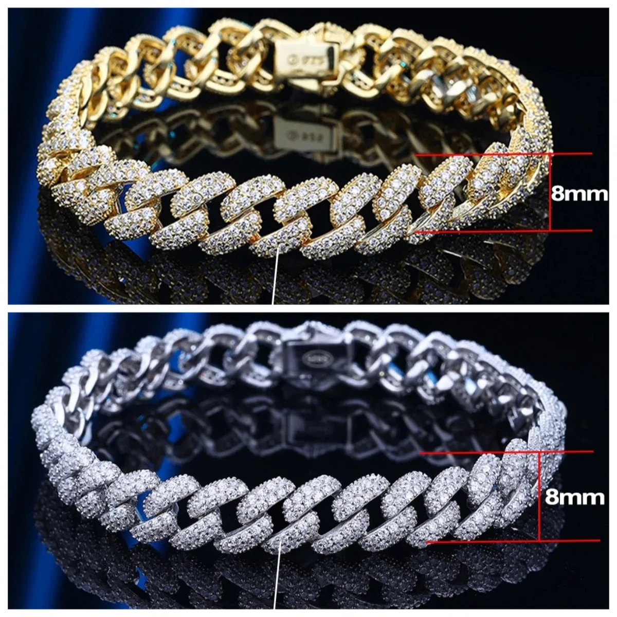 

Муассанит кубинский браслет с звеньями для женщин и мужчин, стерлинговое серебро 925 пробы, позолоченный 18 карат, пропуск бриллиантов, браслеты для вечеринок в стиле хип-хоп