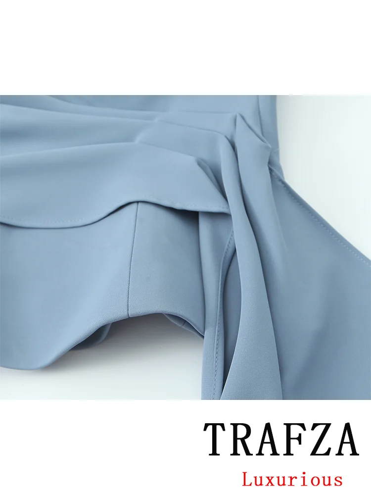 TRAFZA Vintage Casual Chic Solid Women Suit Strapless Sleeveless Pleated Top Loose Straight Pants New Fashion 2024 Autumn Suits