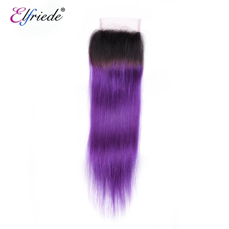 Elfriede #1B/Purple Straight Ombre Colored Hair Bundles with Closure 100% Remy Human Hair Weaves 3 Bundles with Lace Closure 4x4