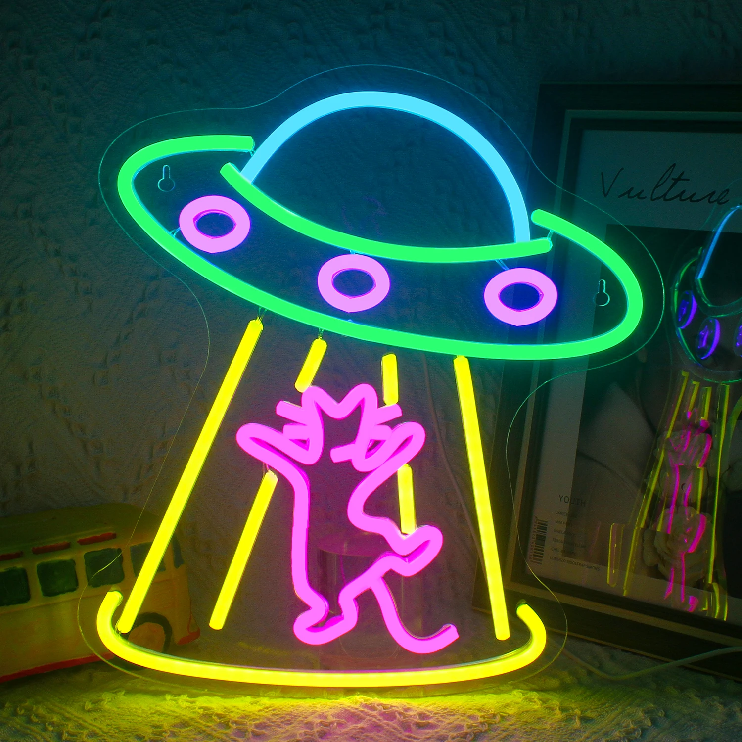 Spaceship LED Dimmable Neon Sign Space Neon Signs for Wall Decor Cat Neon for Bedroom Kids Space Game Room Neon Wall Sign Decor