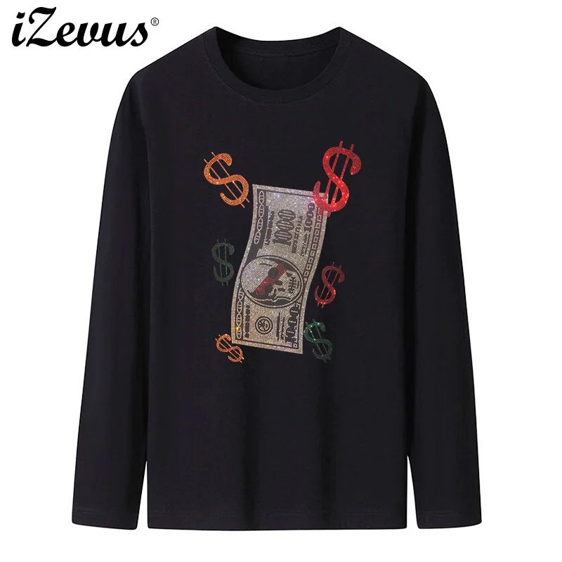 New men's fall and winter long-sleeved casual T-shirt creative dollars diamond figure high-quality T-shirt S-4XL