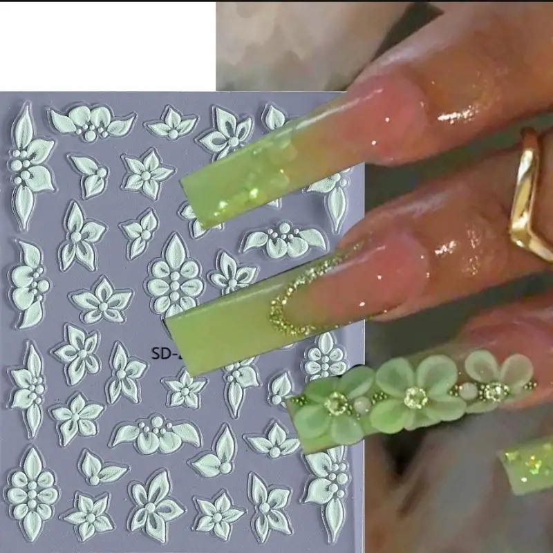 アクリル春夏花柄粘着スライダー装飾 5D エンボスフラワーネイルステッカー エレガントな白緑青の花びらデザイン