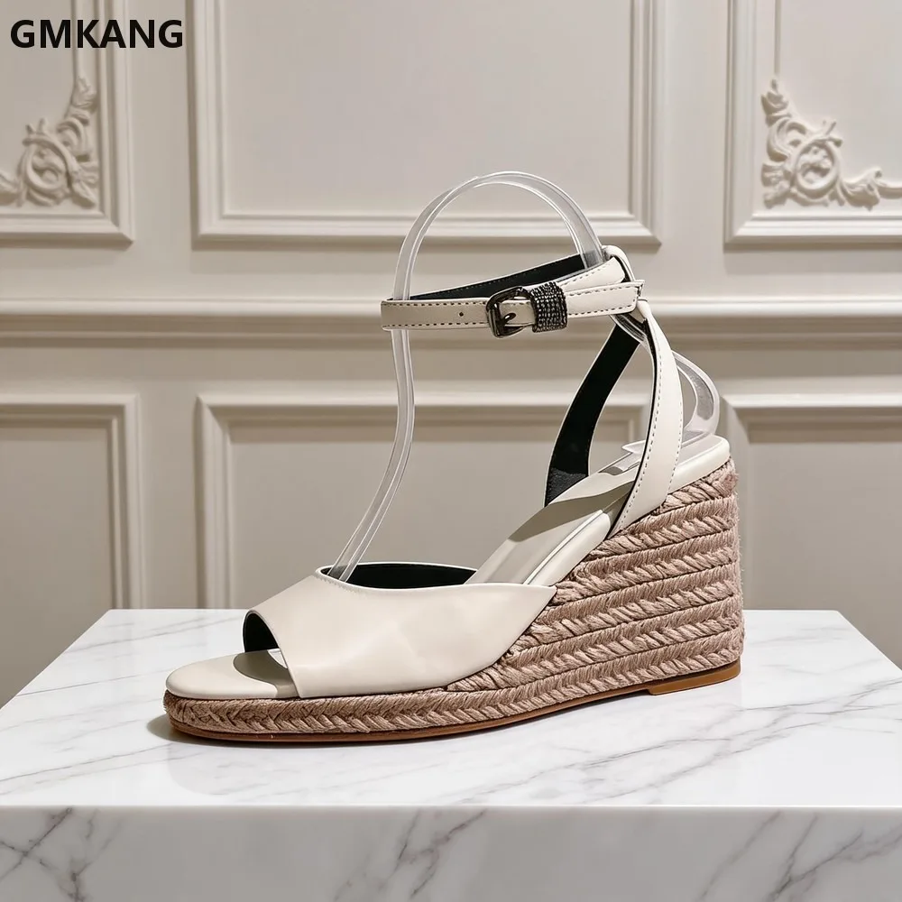 Summer Wedge Heels Sandals Women Genuine Leather Ankle Strap Braided Espadrille Platform Heeled Shoes Comfort Casual Beach