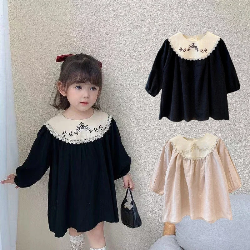 1-3-7y Kids Autumn Long Sleeve Girls Dresses Toddler Floral Embroidered Princess Dress Children Party Baby Clothing Retro Spring