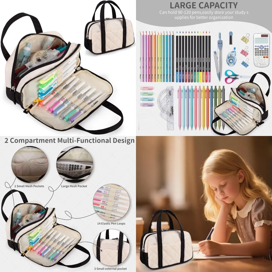 

2-х отделений пенал для девочек с застежкой-молнией и ручкой, большой вместительный стеганый пенал-органайзер для средней школы Col