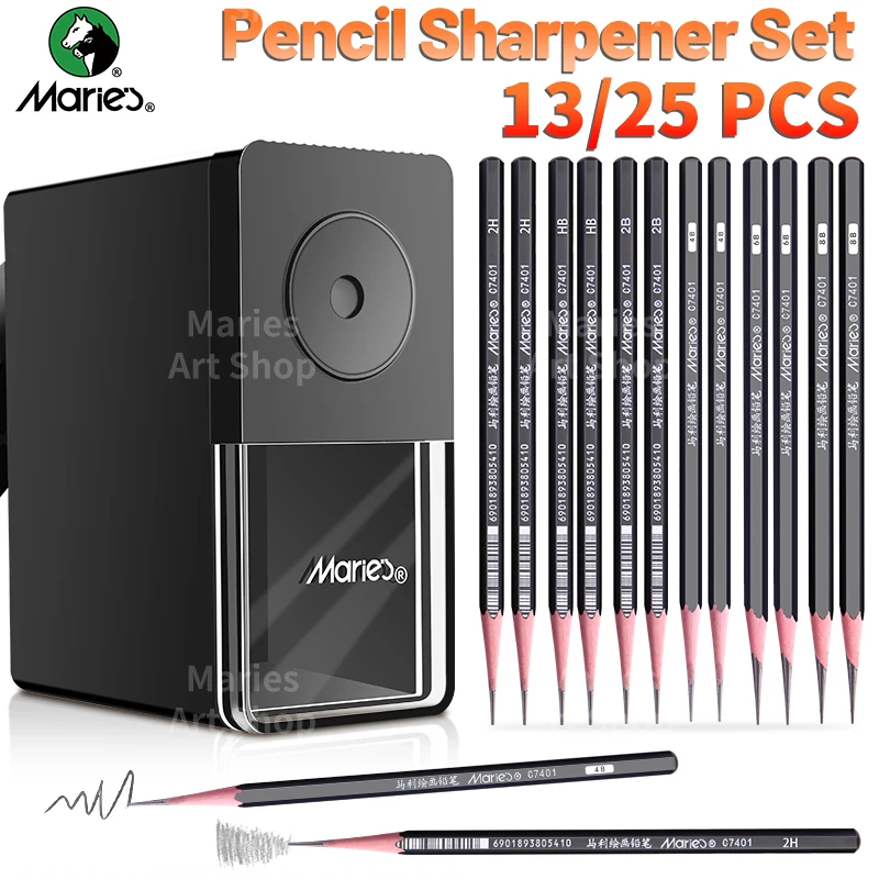 25/13 Pcs Marie's Manual Pencil Sharpener Set with 12/24 Pcs Pencil, 5 Adjustable Long Pencil Nibs, Suitable for Back to School