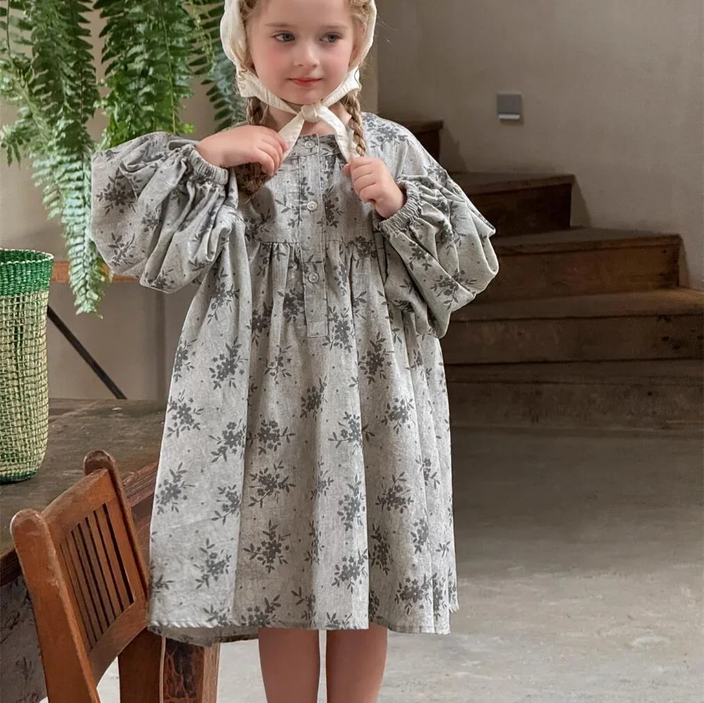 

Children Clothes Girls Princess Dress Korean Style 2025 Spring and Summer New Gray Printed Vintage Cotton Long-sleeved Dress