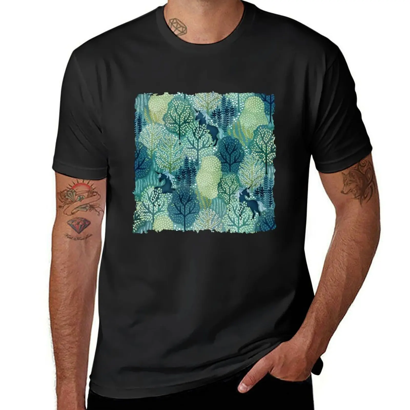 Hidden unicorn woods in shades of green watercolor T-Shirt plus sizes cute clothes Short sleeve tee men