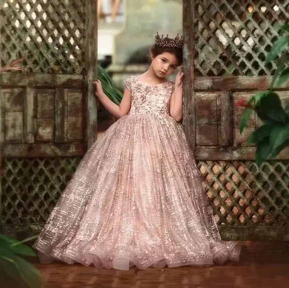 

New Rose Gold Sequined Flower Girl Dresses For Weddings Lace Sequins Bow Open Back Sleeveless Girls Pageant Dress Kids Communion