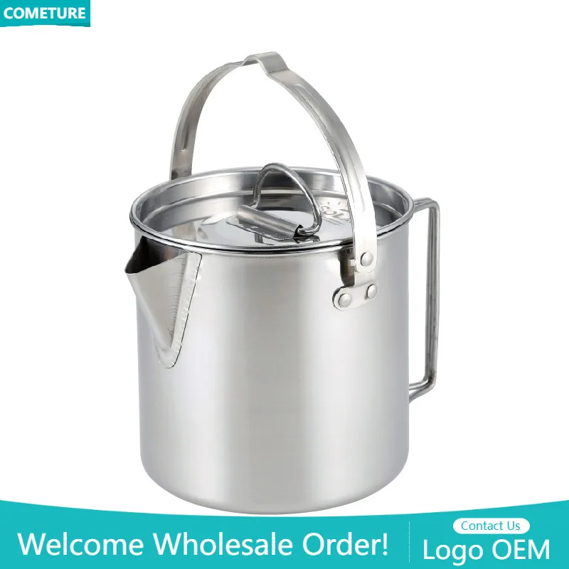 

Water Kettle Outdoor Foldable Handle Portable Camping Cooking Pot Stainless Steel Camping Coffee Tea Pot Hanging Pot with Lid