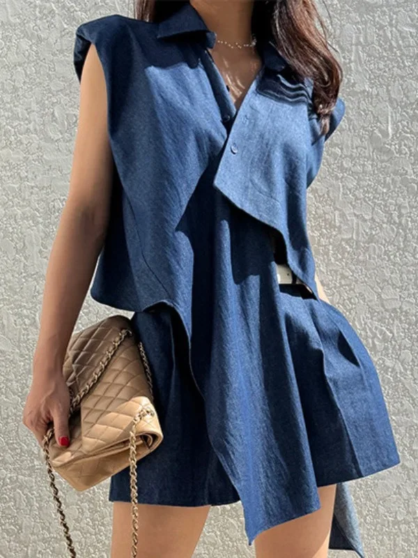 韓国デザイン非対称デニムベストシャツ女性の夏の新しいヴィンテージハイウエストカジュアルショーツセットレディースファッションスウェットシャツ