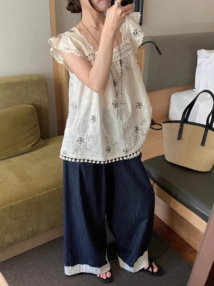 

Liangliang Design Heavy Embroidery Fringe irt Women's Summer New Vintage Patchwork Lace Long Pants Faion Set
