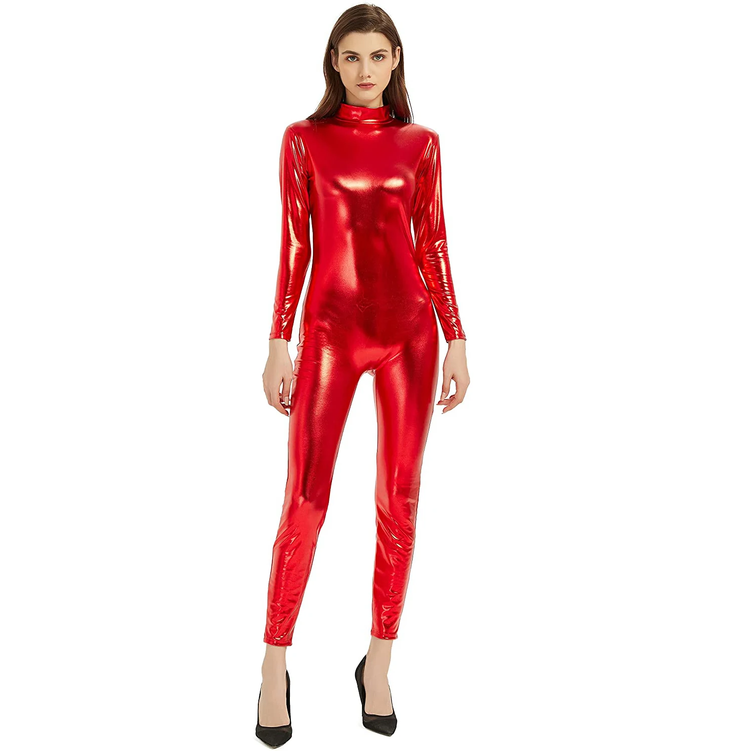 

Speerise Women Shiny Metallic Jumpsuit Long Sleeve Catsuit Bodysuit Tights Full Body Unitard Custom Skin Bodysuits Zipper Back