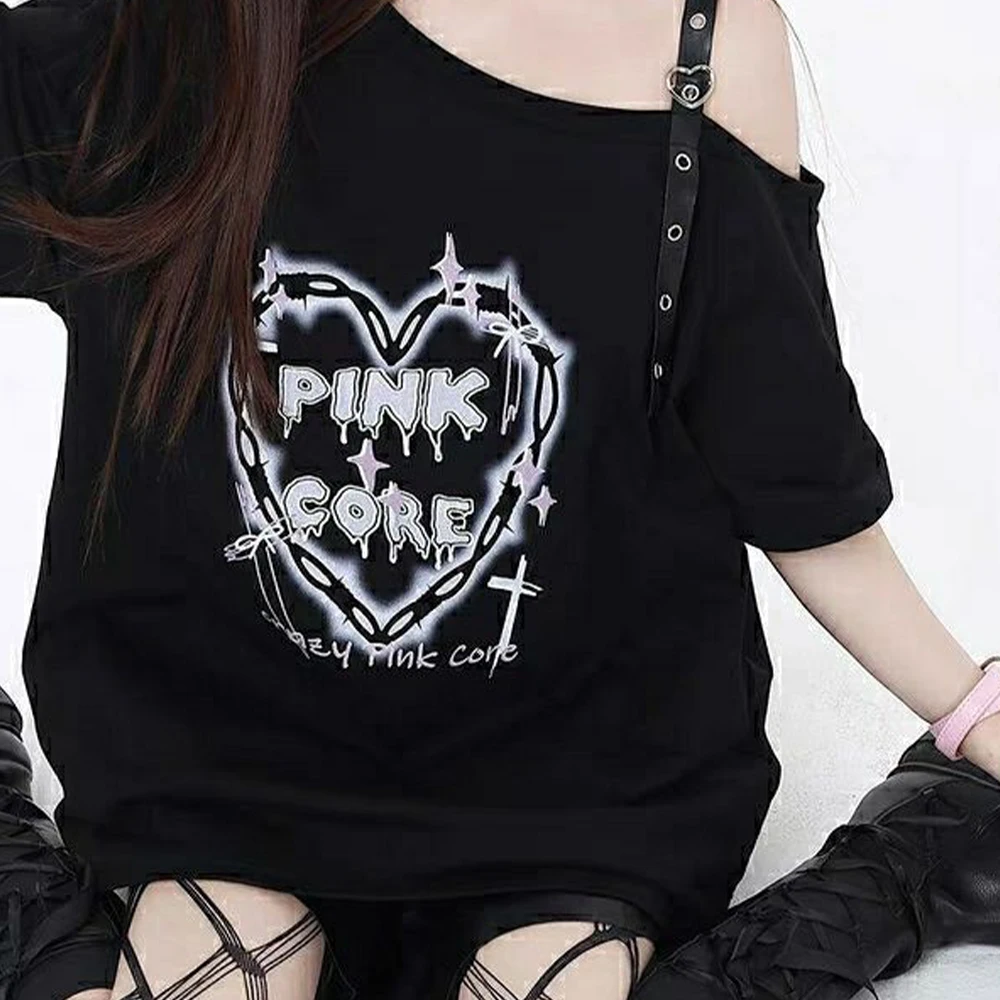Subcultural Punk Dark Leather Buckle Short Sleeved Women's T-Shirt Summer Off Shoulderloose Sweet and Spicy Y2K Top Shortsleeved