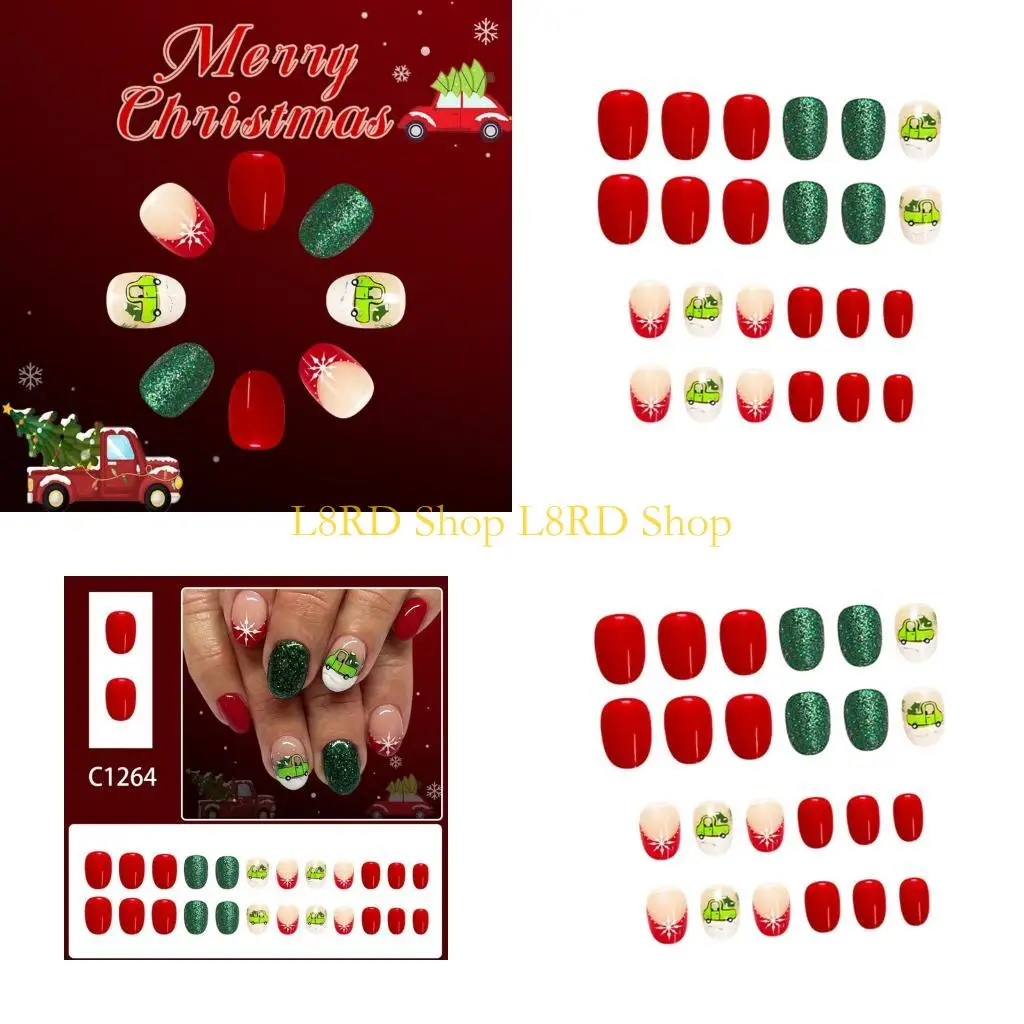 L8RD Plastic French Glossy Press On Fingernail Short Oval Snowflake Flash Mock Fingernail For Sensitive Skin Affairs