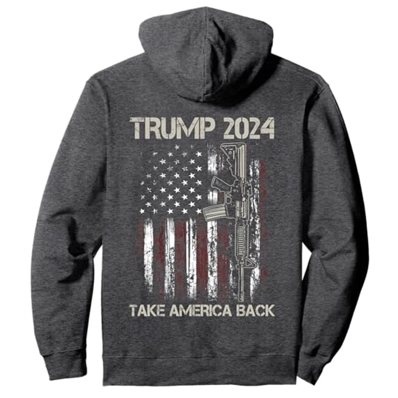 Trump 2024 Take America Back American Flag Gun (ON BACK) Pullover Hoodie Humor Funny Campaign Cotton Sweatshirt Y2k Sweater Top