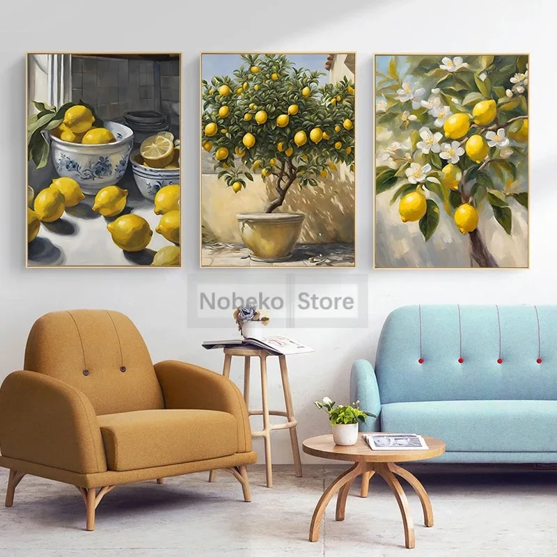 Yellow Lemon Tree Poster Italian Kitchen Prints Canvas Painting Italy Summer Fruit Wall Art Pictures Home Room Modern Decoration