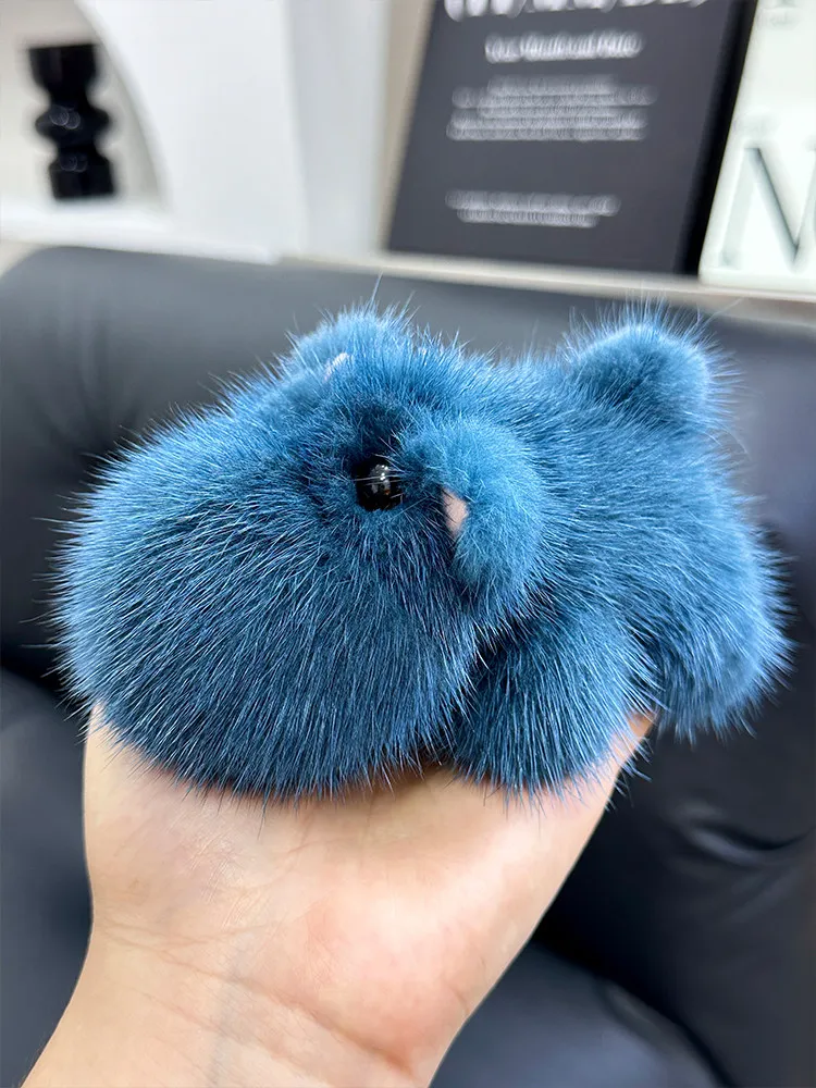 Cute Plush Hippo Car Keychain Real Mink Fur Decoration for Bags And Bags Female Accessory Soft Animal Shape Key Holder