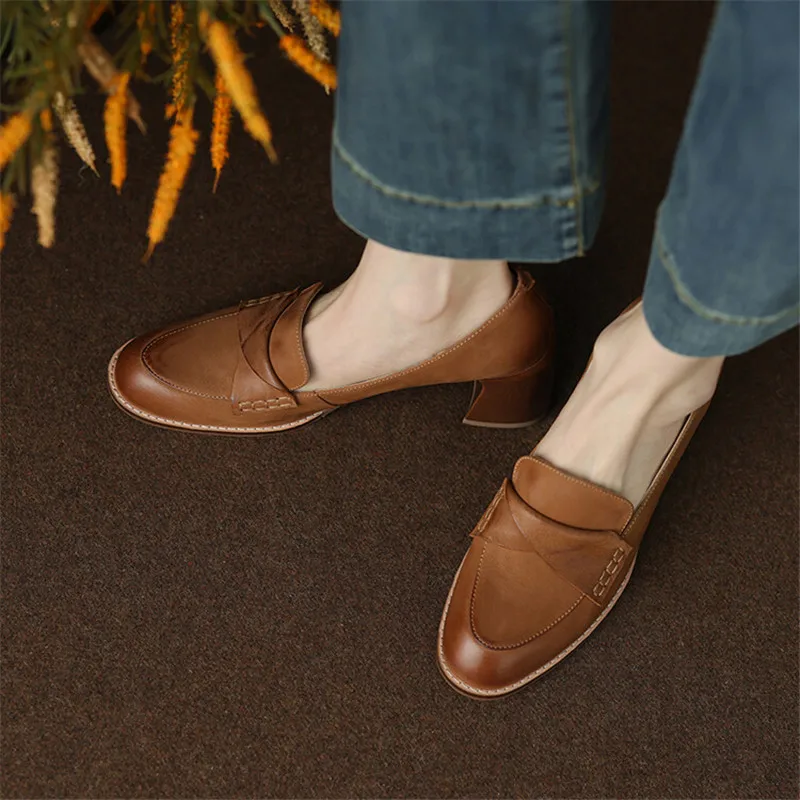 2024 New Spring Summer Sheepskin Women Shoes Round Toe Women Pumps French Retro High Heels Loafers Shoes for Women Ladies Shoes