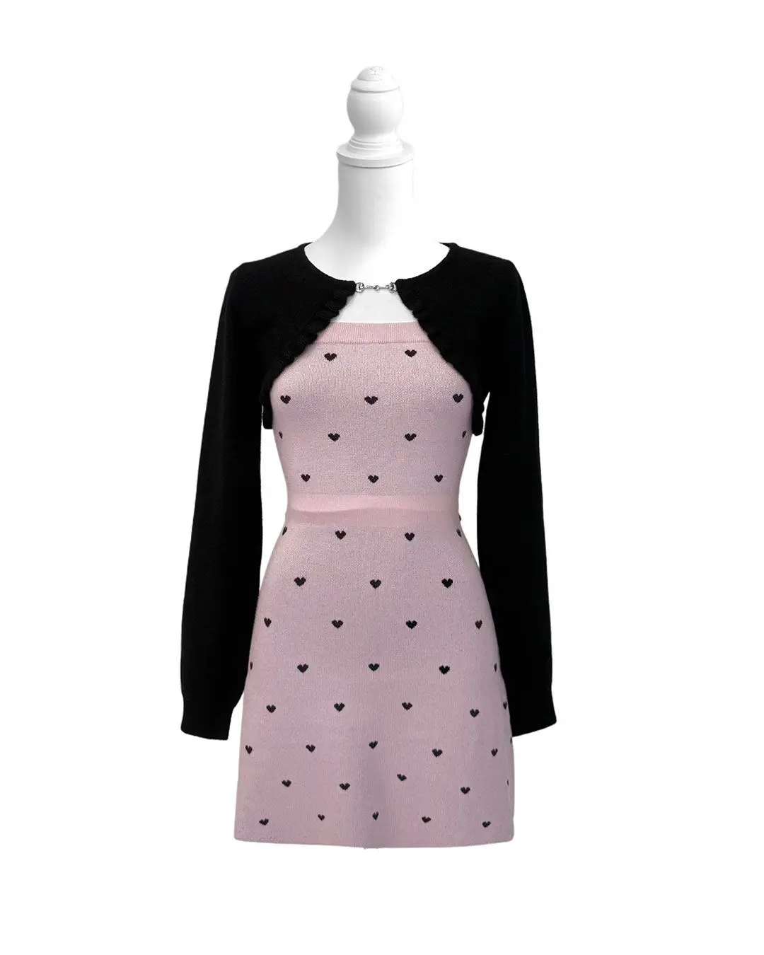 Style japonais décontracté doux coeur imprimé sangle robe courte printemps automne mignon à manches longues robes tricotées pour les femmes