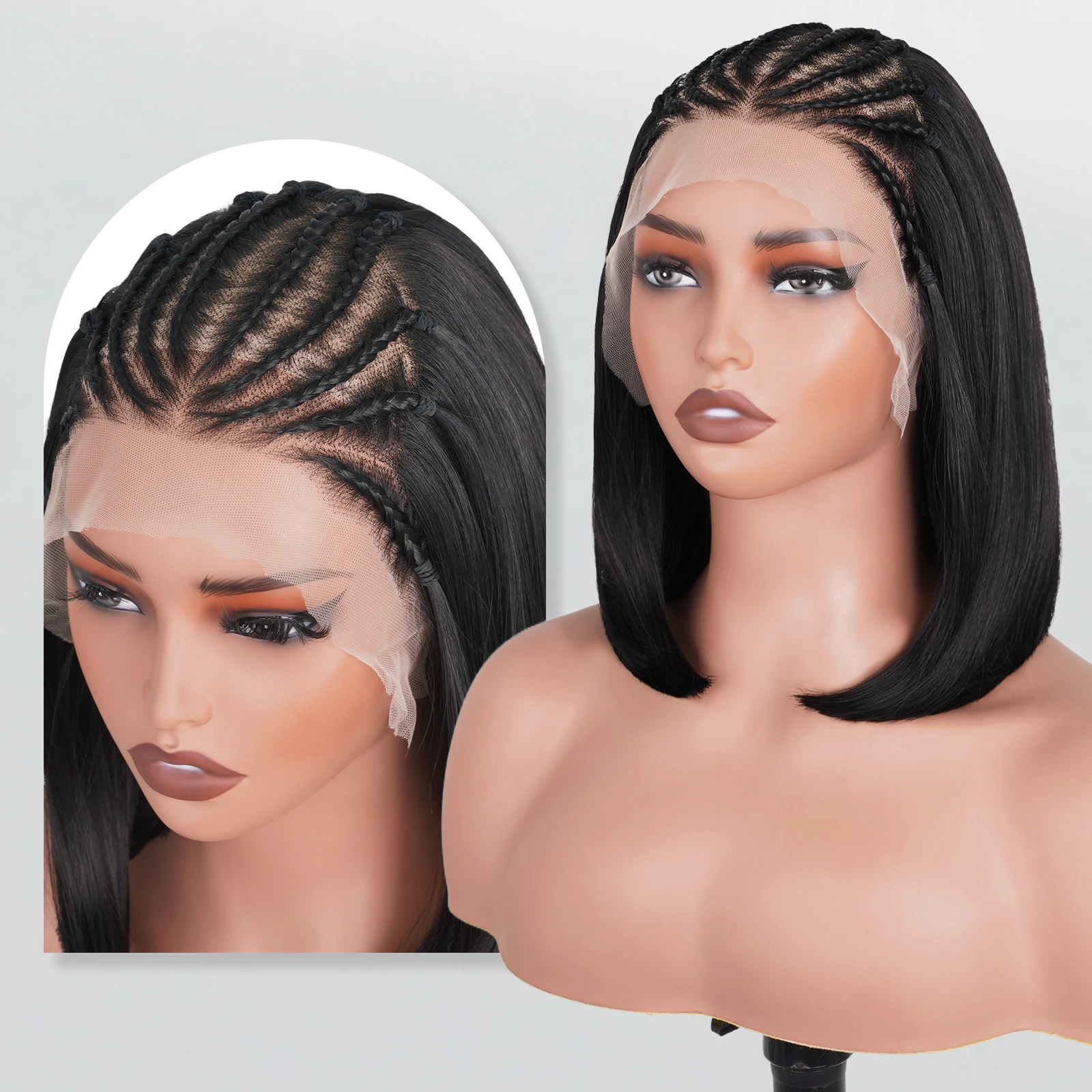 

Плетеный парик Боб Cornrow HD 13x6, кружевной передний предварительно плетеный короткий шелковистый прямой парик с предварительно выщипанной линией волос, прозрачные волосы 13x4