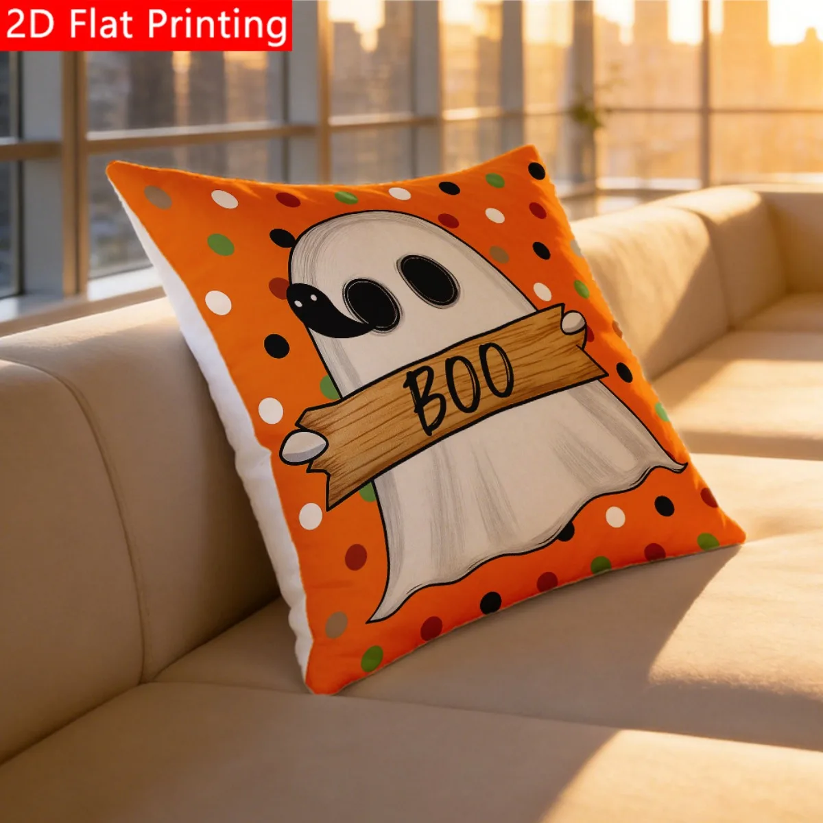 1pc 2D Flat Printed Cute Halloween Ghost BOO Orange Polka Dots Throw Pillow Cover Soft Polyester Easy Care Cushion Cover No Inse