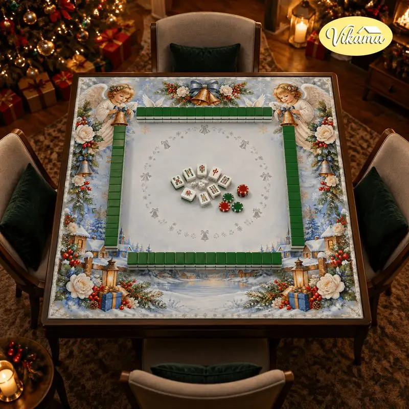 VIKAMA Christmas Mahjong Mat Angel Snow Scene Bells Floral Foldable Mahjong Table Mat Cover Table Game Holiday Party Decor