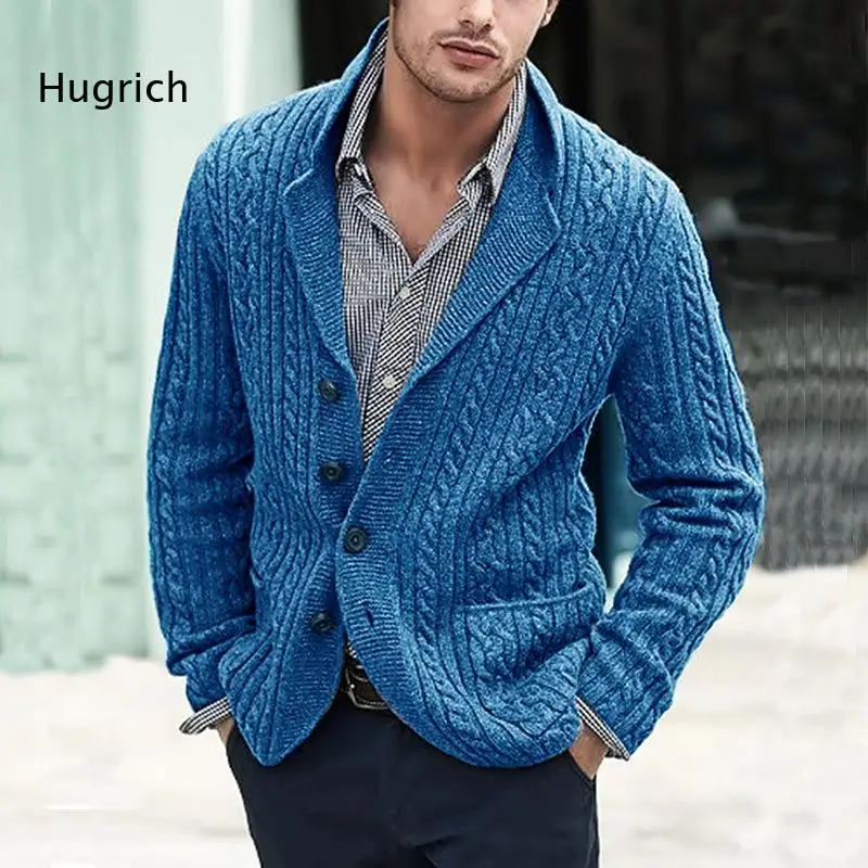Men Shawl Lapel Collar Cable Knit Cardigan Single Breasted Button Front With Pockets Long Sleeve Casual Knit Blazer Outerwear