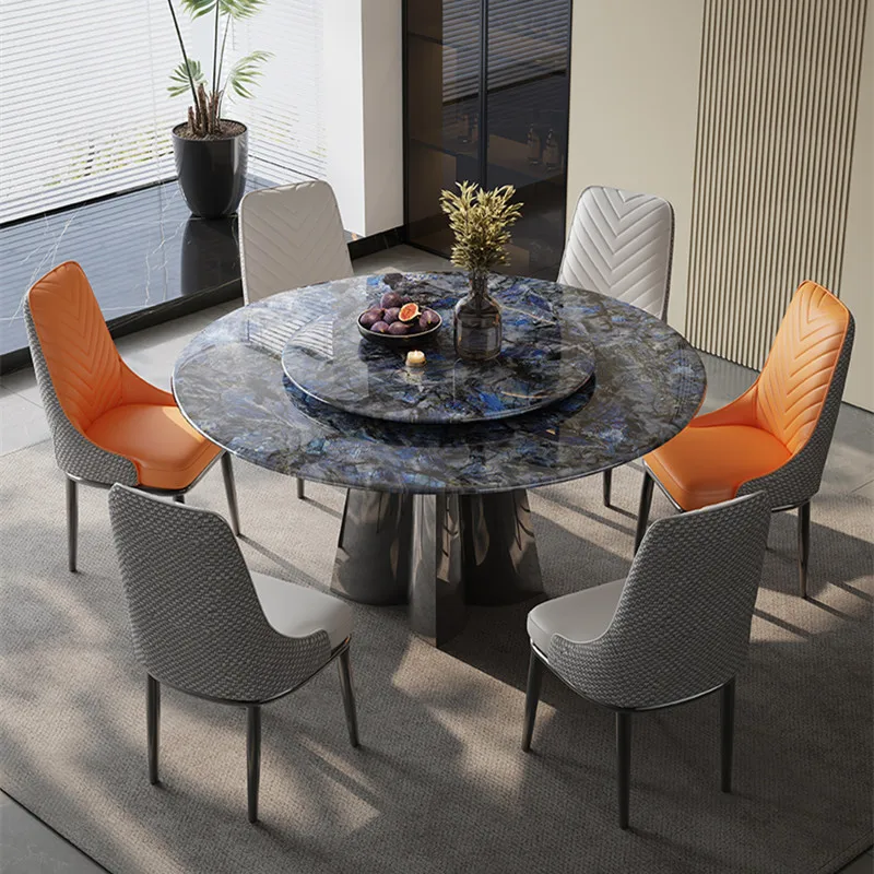 Round table natural luxury stone supercrystalline dining table light luxury Nordic slate dining table and chairs combined with m