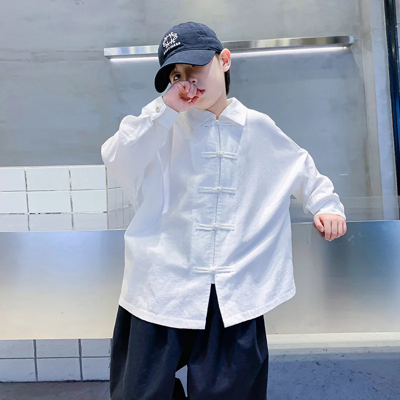 

2025 New Autumn Chinese Fashion White Shirt for Boys Thin Traditional Mandarin Collar Shirt Kids Spring Fall Layering Top
