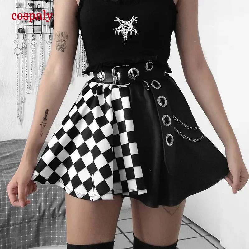 Een Harajuku rok donker meisje contrast geruite stiksels sexy hoge taille overrok in de zomer sexy gotische Y2K rok