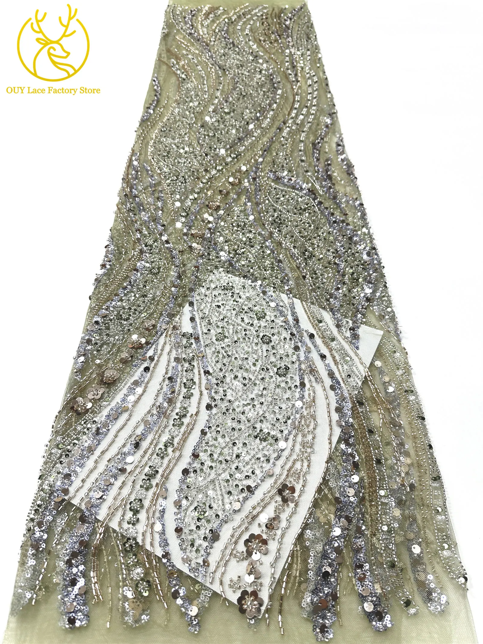 Champagner-Gold Nigerianischer Pailletten-Netzstoff 2026 Hochwertige Französische Perlen-Spitze Afrikanischer Spitzenstoff für Brautkleider – Detail 14