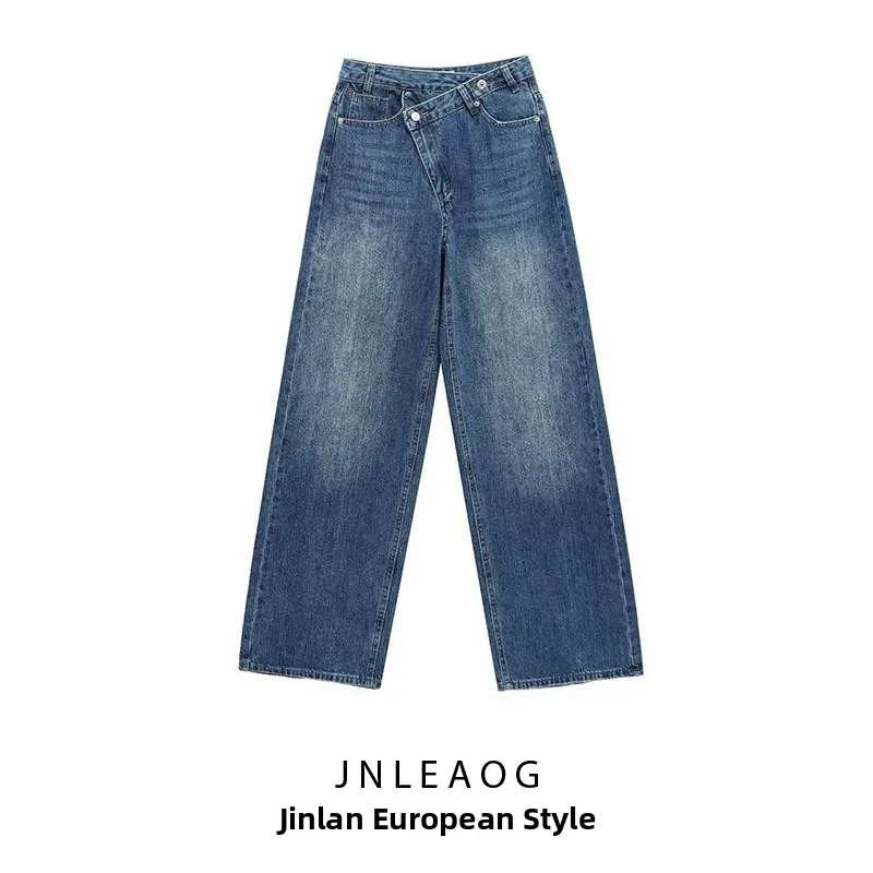

Faionable High Waist Wide Leg Double Breasted Denim Jeans JNLEAOG Women's Autumn New Sle Casual Wear Resistant Polyester