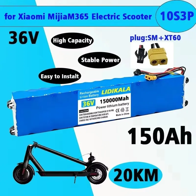 LIDIKALA 36V 10S3P Elektroroller-Akkupack 150Ah 18650 Lithium-Ionen mit intelligentem BMS, langlebiger, wiederaufladbarer Akku für Xiaomi M365 M365Pro E-Scooter