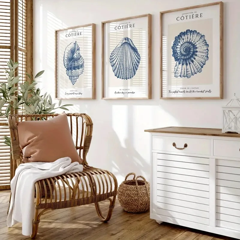 Frameless3pcs/Set Wall Art Retro Poster Blue Ocean-themed Art Printing, Cute Shell Canvas Living Room Decoration Bedroom Aesthet