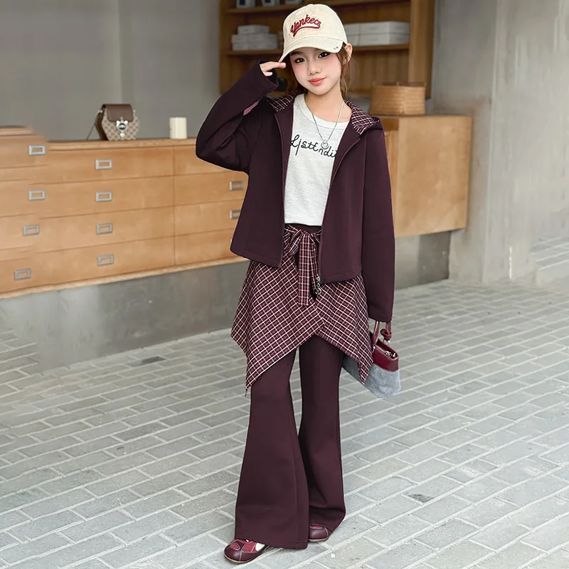 

Осенние школьные комплекты для девочек-подростков, клетчатое лоскутное пальто с капюшоном для девочек-подростков, детские штаны для девочек, комплект из 2 предметов