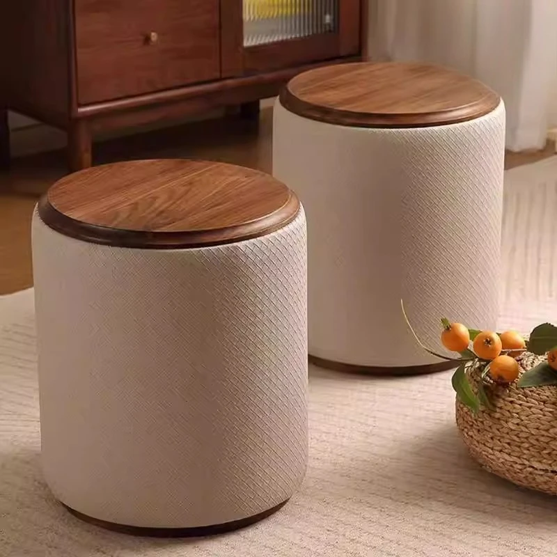 Walnut solid wood round stool leather texture round pier household log simple dressing stool