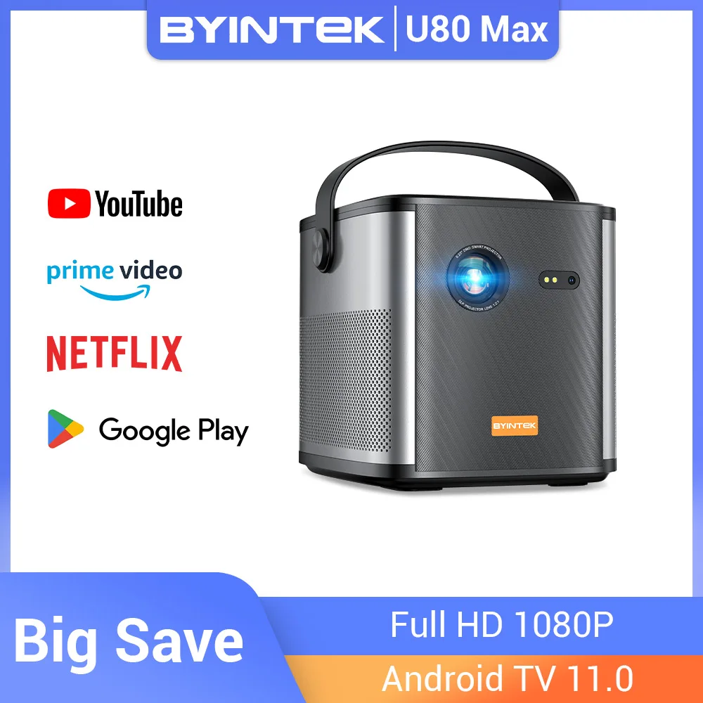 

BYINTEK U80 Max Projector 3D 4K Cinema Android 11.0 WiFi Mini Portable 1080P Home Theater Video DLP Projector with Battery