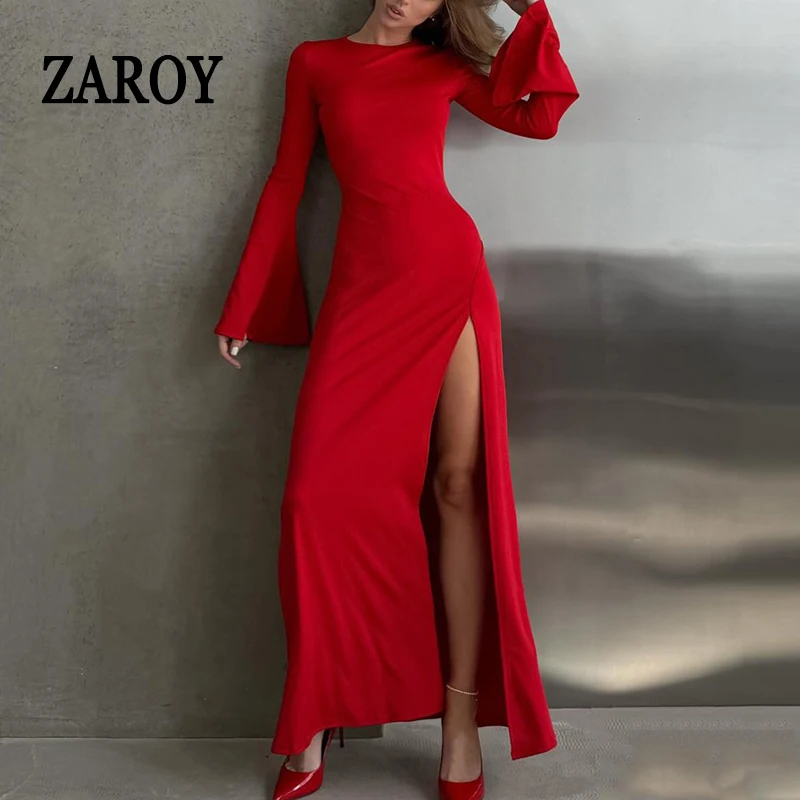 

ZAROY Evening Party Long Dress Women Flare Sleeve Sexy Side Split Maxi Dress Elegant Slim Outfits Fashion Wedding Red Dresses