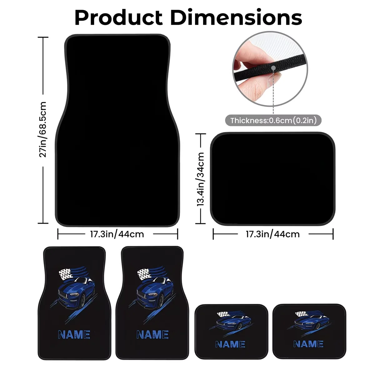 Four Car Floor Mats, Featuring Your Name and a Unique Blue Car Design. They Are Ideal Gifts for New Year and Valentine's Day. They Are Easy to Maintain, Stylish, and Suitable for Cars, Trucks, and Suvs.