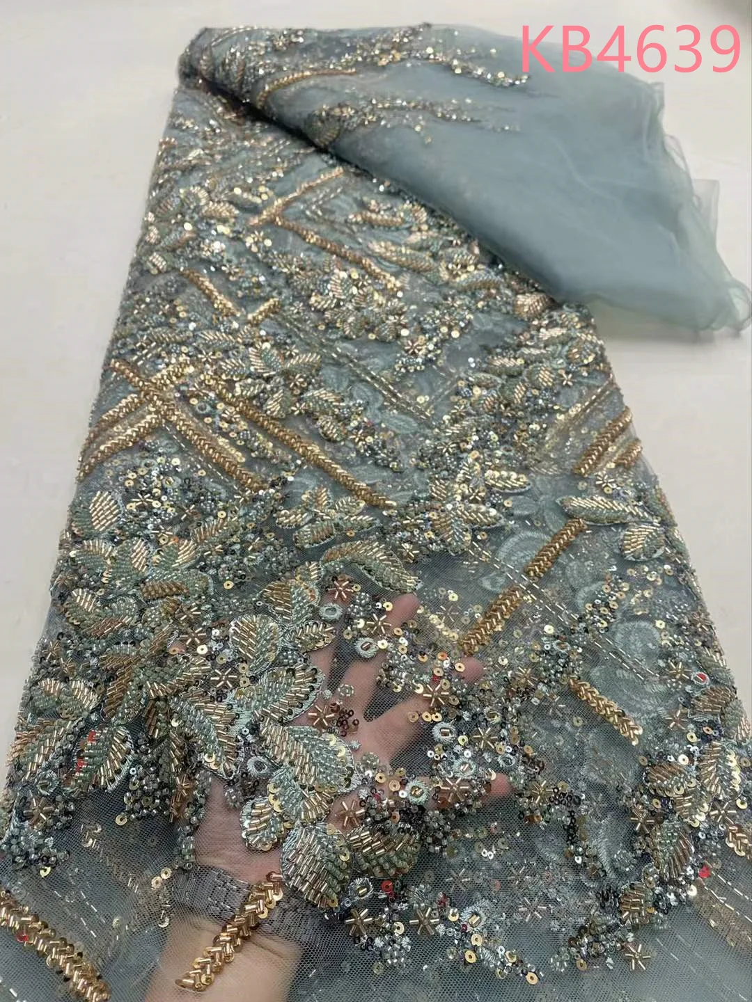 시퀀스 비즈 프렌치 그물 레이스 직물, 아프리카 레이스 직물, 하이 퀄리티 스팽글 레이스, 금색 자수 레이스, 재봉용 KB4639